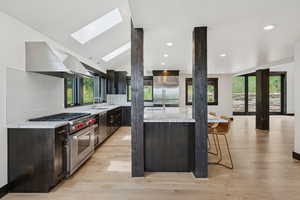 Kitchen featuring high end appliances, island range hood, a skylight, a large island with sink, and backsplash