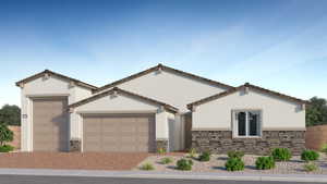 View of front of property with stone siding, a garage, driveway, and stucco siding