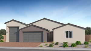 Single story home featuring a garage, decorative driveway, a tile roof, and stucco siding