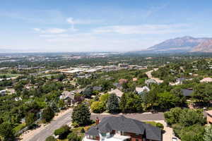 Aerial perspective of suburban area with mountains