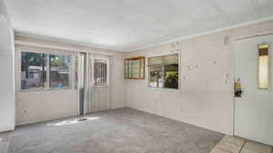 Carpeted living room featuring plenty of natural light, carpet, and crown molding