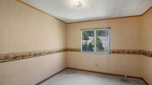 Bedroom with light carpet and crown molding