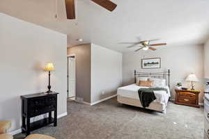 Bedroom with carpet flooring and ceiling fan