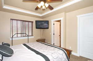 Carpeted bedroom featuring a raised ceiling, ceiling fan, and crown molding
