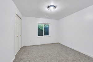 Unfurnished bedroom featuring carpet floors, a closet, and a textured ceiling