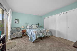 Carpeted bedroom featuring multiple closets