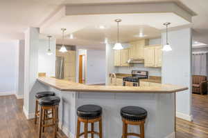 Kitchen featuring appliances with stainless steel finishes, under cabinet range hood, a breakfast bar, dark wood-type flooring, and recessed lighting