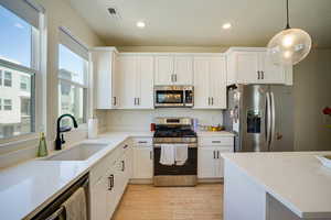 Kitchen with stainless steel appliances, light wood-style floors, white cabinets, and recessed lighting