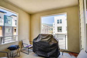 Living area with carpet floors