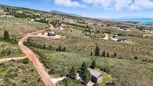 Aerial view of a water and mountain view