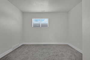 Unfurnished room featuring carpet flooring and a textured ceiling