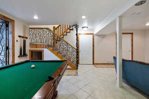 Rec room featuring recessed lighting, light tile patterned floors, and billiards table