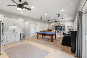 Game room with ceiling fan, recessed lighting, light tile patterned floors, and pool table