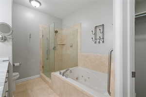Bathroom with a shower stall, a jetted tub, vanity, and tile patterned flooring
