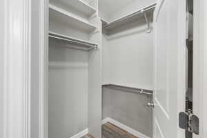 Walk in closet with wood finished floors