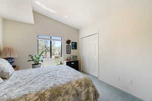 Bedroom featuring carpet, lofted ceiling, and a closet