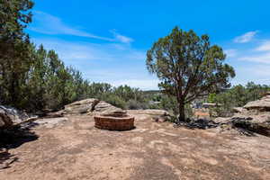 View of yard with an outdoor fire pit