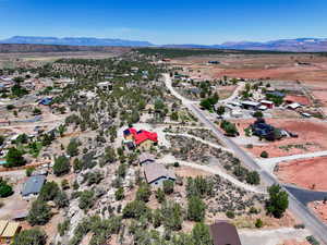 Bird's eye view of mountains and a desert landscape