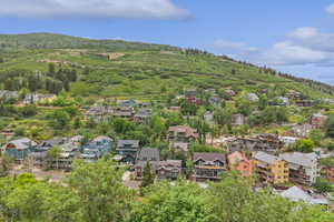 Aerial perspective of suburban area with a mountainous background and a forest