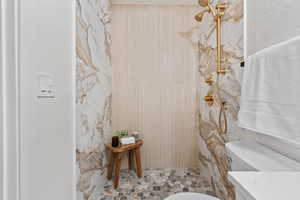 Full bathroom featuring a shower and toilet