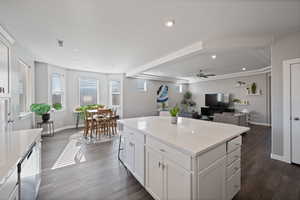 Kitchen featuring dark wood-style flooring, white cabinets, a ceiling fan, light countertops, and a center island