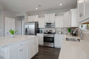 Kitchen featuring appliances with stainless steel finishes, dark wood-style flooring, white cabinetry, backsplash, and recessed lighting