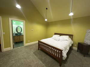 Carpeted bedroom with vaulted ceiling and ensuite bathroom