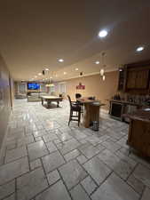 View of patio with beverage cooler