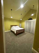Carpeted bedroom featuring baseboards and high vaulted ceiling