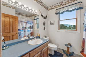 Full bathroom featuring vanity and a shower with curtain