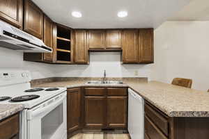 Kitchen with white appliances, under cabinet range hood, a peninsula, open shelves, and dark brown cabinetry
