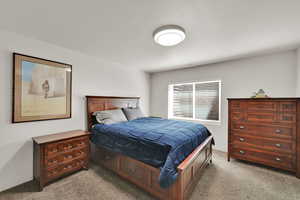Bedroom featuring light colored carpet
