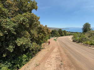 View of dirt / gravel road with a water view