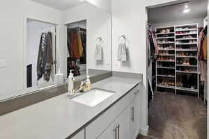 Private Full Bathroom featuring vanity and a spacious walk-in closet