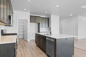 Kitchen with stainless steel appliances, light LVP floors, recessed lighting, a large island with sink, quartz countertops, and a walk-in pantry