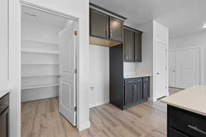 Kitchen featuring dark wood cabinets, white quartz countertops, and walk-in pantry