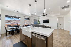 Kitchen with dishwasher, a tray ceiling, light wood-style flooring, and recessed lighting