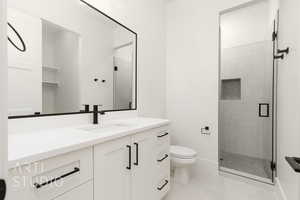Bathroom featuring vanity and a stall shower