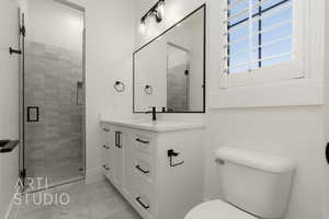 Full bathroom with vanity and a stall shower