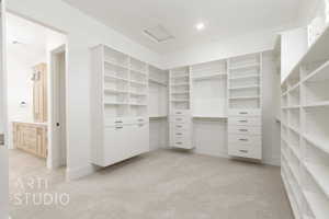 Walk in closet with light colored carpet