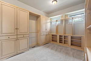 Walk in closet featuring light carpet