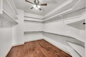 Walk in closet with wood-type flooring and a ceiling fan