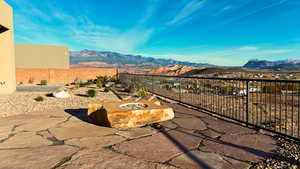 View of patio with a mountain view