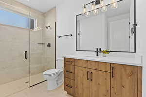 Full bathroom with vanity and a shower stall