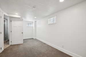Below grade area featuring carpet floors, recessed lighting, and a textured ceiling