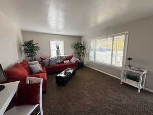 Carpeted living room featuring baseboards