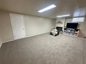 Living area with a glass covered fireplace and carpet flooring