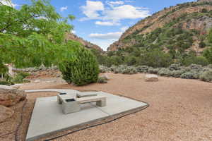 View of patio / terrace with a mountain view