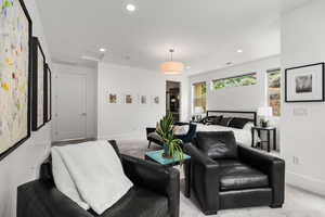 Bedroom featuring recessed lighting and light colored carpet