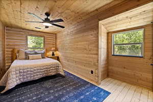 Bedroom featuring wood ceiling, wood-type flooring, ceiling fan, log walls, and wood walls
